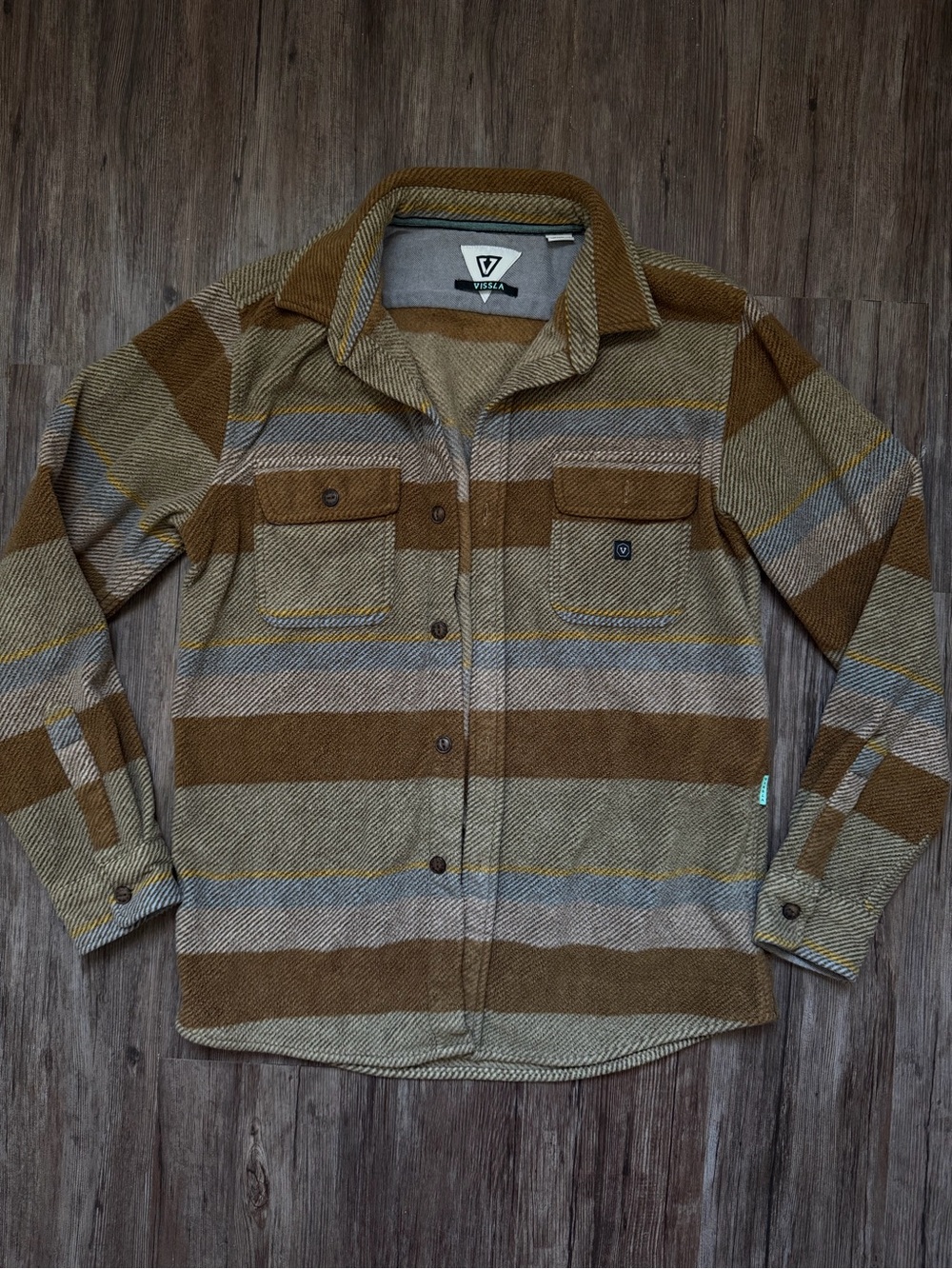 VISSLA Men's Brown and Gray Striped Shirt Jacket